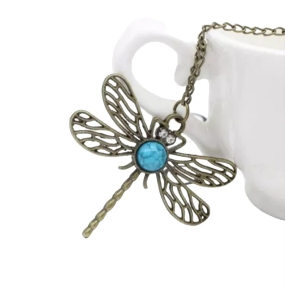 DRAGONFLY Turquoise Blue Bronze Long Chain Sweater Necklace Necklaces Boho